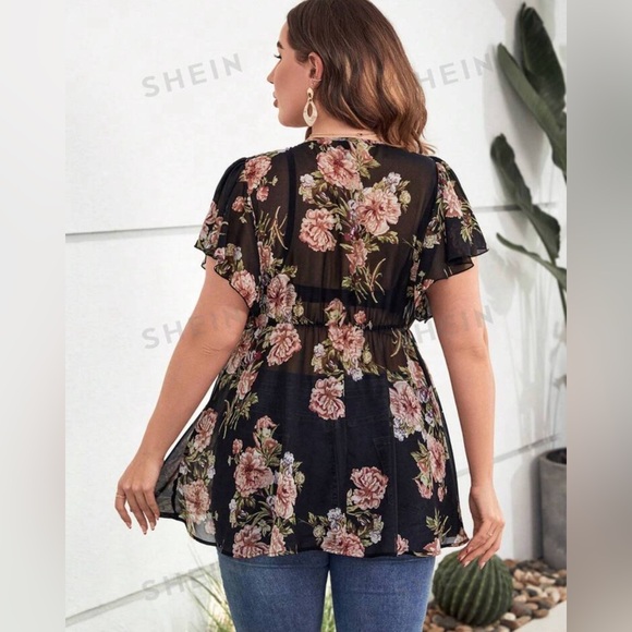 SHEIN Floral Chiffon Sheer Blouse With Cinched Waist size 3xl black pink floral - Picture 3 of 6